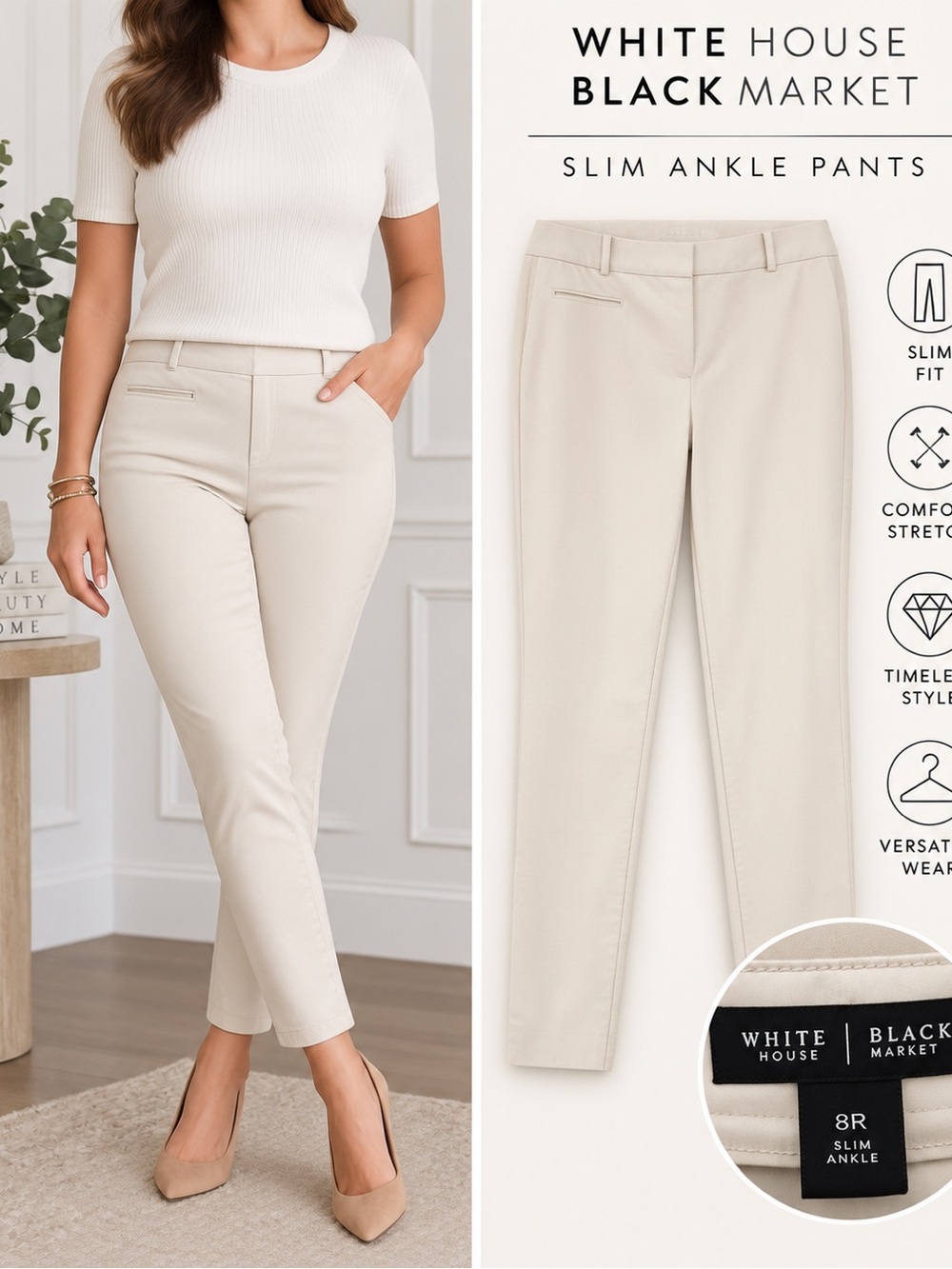 White House Black Market Slim Ankle Pants Women 8R Ivory Cream Stretch